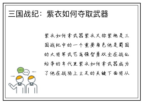 三国战纪：紫衣如何夺取武器