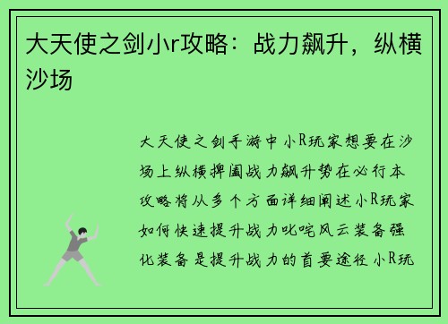大天使之剑小r攻略：战力飙升，纵横沙场